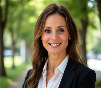 Woman with long brown hair and a black blazer