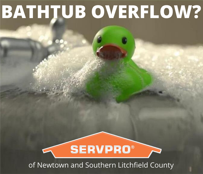 overflowing bathtub with green duck 