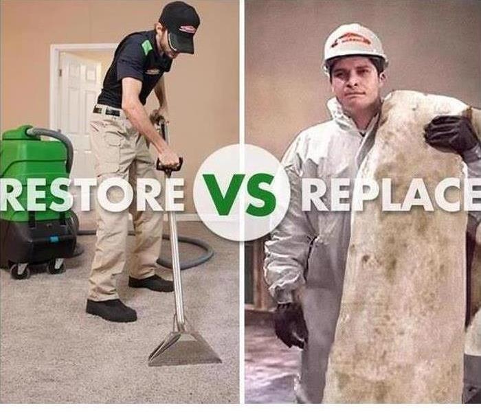 split image of 2 men- one throwing a carpet away and the other cleaning it